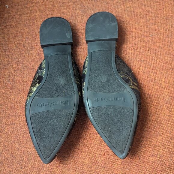 Franco Sarto Russo Brocade Mules Tapestry Slide Flat Pointed Toe Shoe Black Gold - Picture 3 of 7